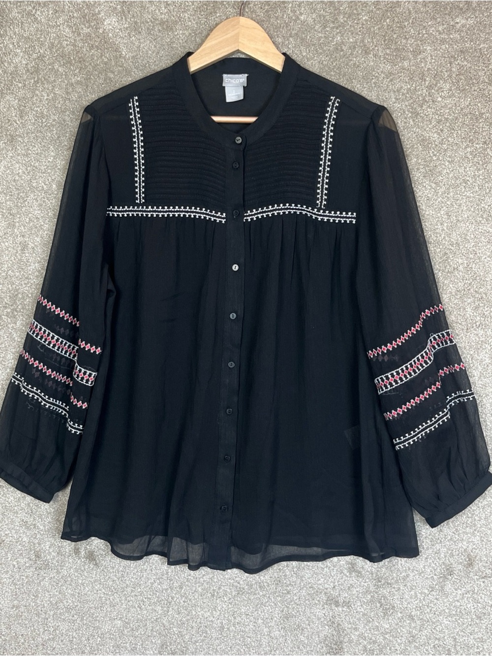 Chico's Blouse Womens 2 Black Button Sheer Lined Round Neck Embroidered- 5134